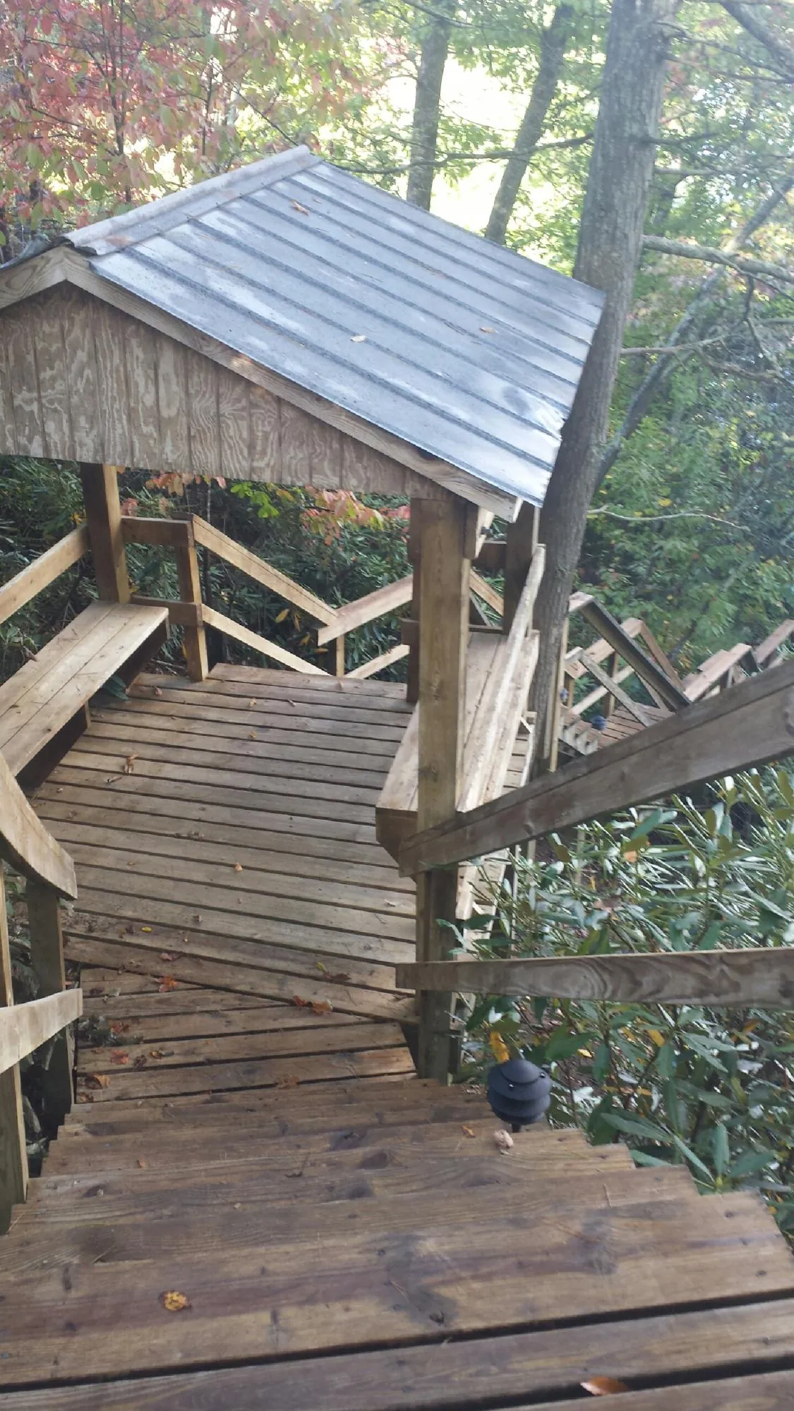 Metal roofed shelter over wooden steps on a wooded walkway — Skylight Repair & Installation work by our crew in Pony